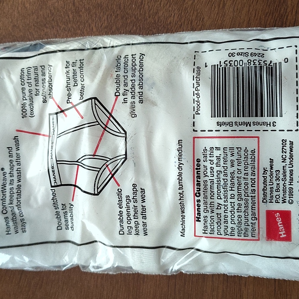 Vintage 1989 HANES 3 Pack of Mens White Briefs Underwear Preshrunk Size 30 - Picture 5 of 6